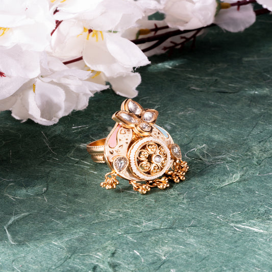 Rajasthani Meenakari Kundan Floral Ring with Pearl & Gungrey Accents