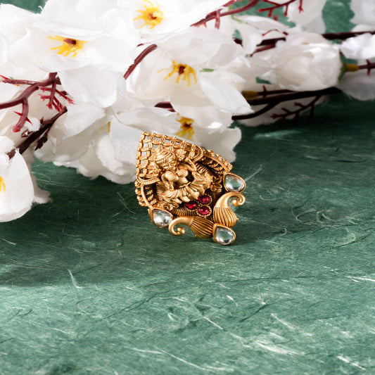 Heritage Lakshmi Temple Ring with Kundan Accents