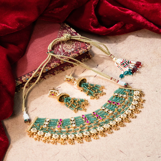 Heritage Bandai Choker Necklace Set with Sea Green Beads & Rani Stone Accents