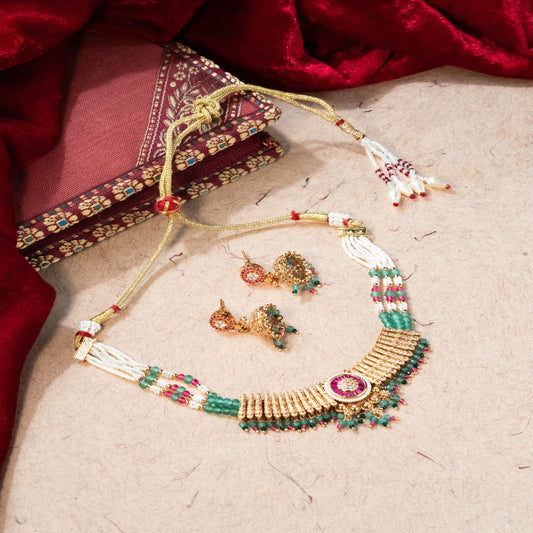 Heritage Bandai Chandan Haar Style Necklace Set with Rajwadi Gold Polish & Jhumka Earrings
