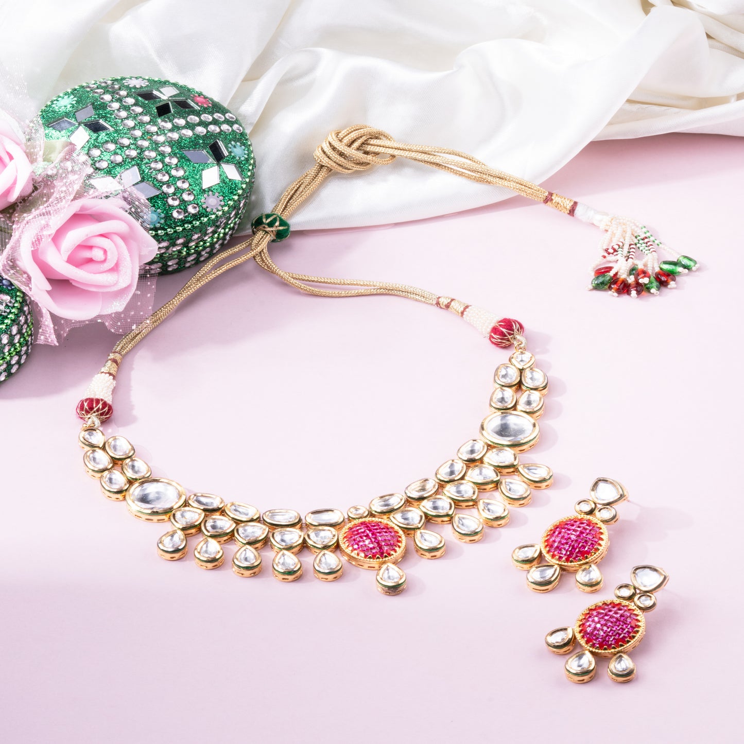 Brass Vilandi Kundan Necklace Set with Ruby-Colored Stone and Gold Polish