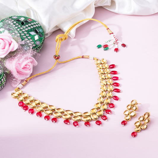 Regal Yellow Vilandi Kundan and Red Bead Necklace with Artistic Side Meena Detailing