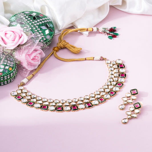 Majestic 3-Line Round Vilandi Kundan Necklace Set with Ruby Stone, Meena Work, and Gold Polish