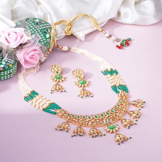 Brass Long Bandai-Style Kundan Necklace Set with American Diamonds and Sea Green Stone Detailing