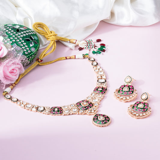 Exquisite Necklace with Front Green Meenakari design, Back Setting Kundan, AD & Ruby stones studded necklace.