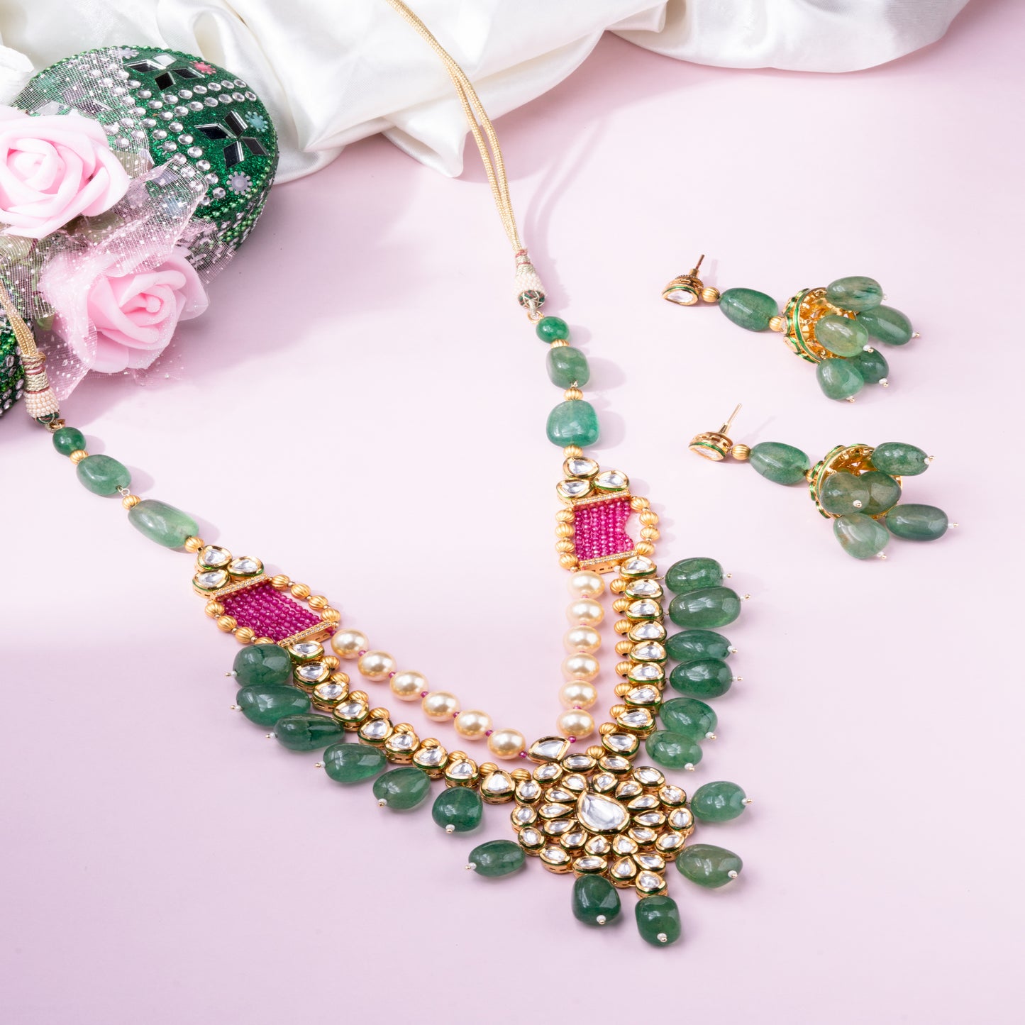 Royal Heritage Fusion: Multistrand Kundan Necklace with Ruby, Pearls & Meenakari Jhumkas