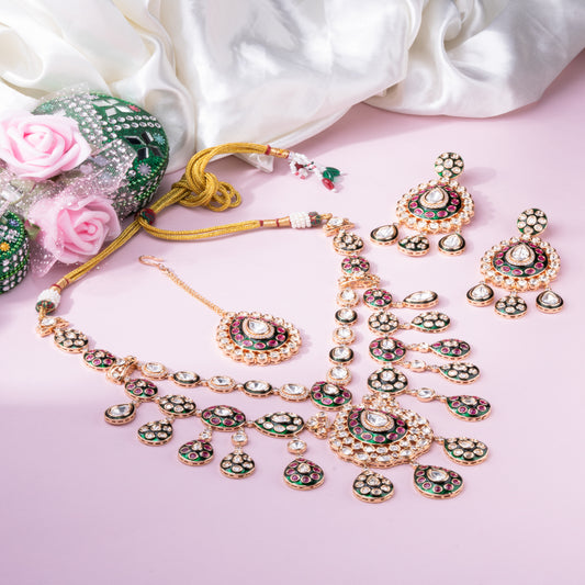 Rani Haar like Long layered Necklace Set with Ruby, Green Meenakari & Kundan Detailing