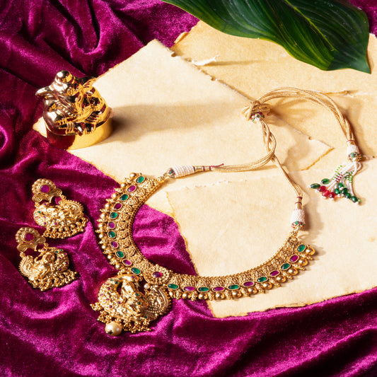Antique Gold-Plated Brass Temple Jewelry Set Featuring Sitting Ganesha on Peacock