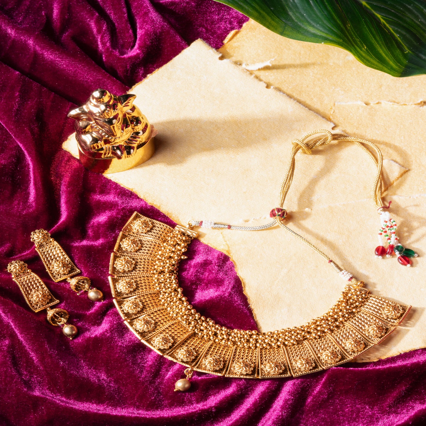 Regal Heritage Temple Necklace Set in Antique Gold Finish