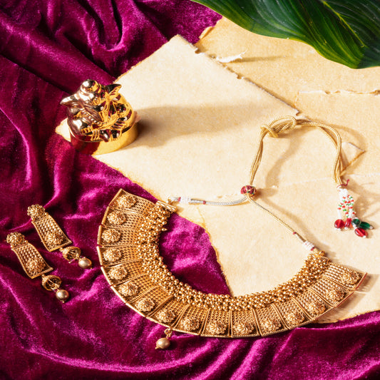 Regal Heritage Temple Necklace Set in Antique Gold Finish