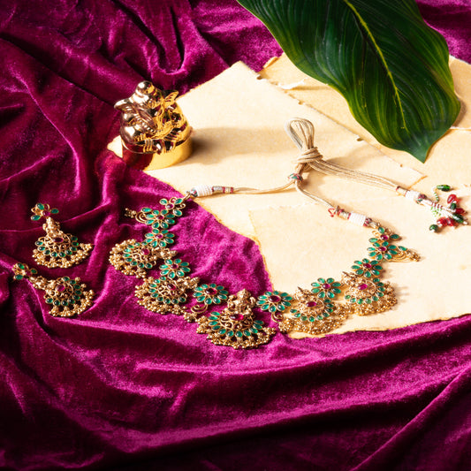 Regal Lakshmi Temple Jewelry Set in Antique Gold with Floral Kundan Detailing