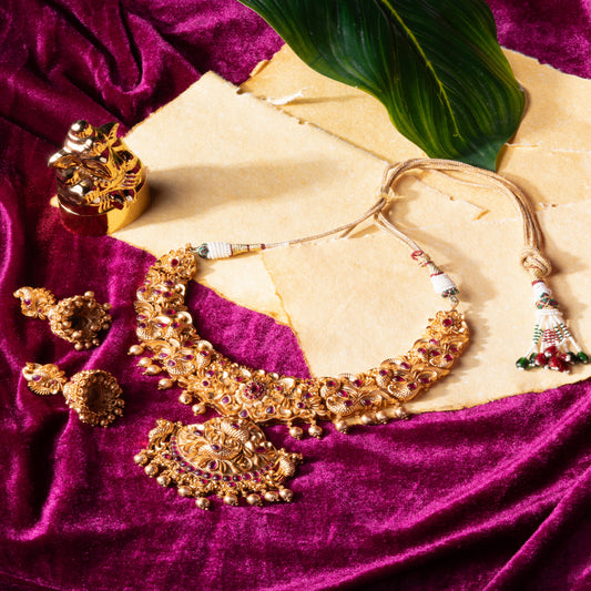 Regal Peacock Temple Necklace Set with Ruby Stones in Antique Gold Finish