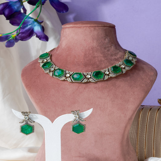 Victorian Polish Brass Necklace Set with Green Emeralds, American Diamonds & Kundan Detailing