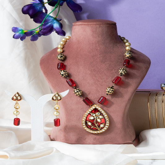 Royal Radiance: Red Meenakari Long Pendant Mala Set adorned with AD, Kundan