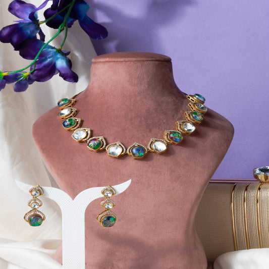 Indo western style handcrafted Kundan & Marble Stone Jewelry Set with American Diamonds