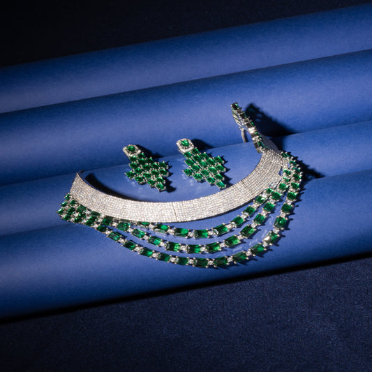 Elegant Bottle Green American Diamond Necklace Set with western designer Side collar detailing