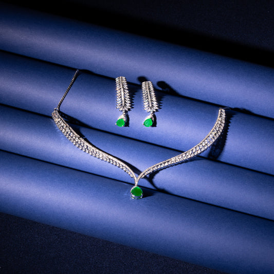 Ethereal Grace: Rhodium-Plated American Diamond Necklace set with Emerald Drops
