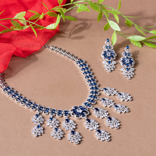 Luxurious Blue Radiance-A bold and symmetrical chandelier-style layout American Diamond Necklace & Earrings Set