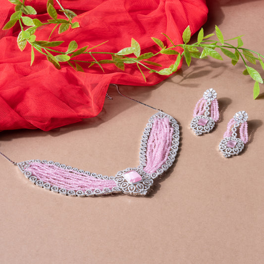Victorian-Style Bandai American Diamond Choker Necklace Set with Baby Pink Beads