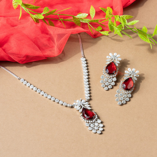 Timeless Glamour: Rhodium-Plated Maroon Stone Necklace Set with Pearls & American Diamonds