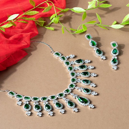 Regal Emerald Radiance – American Diamond Necklace & Earrings Set