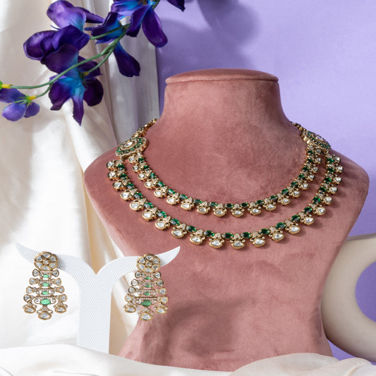 Victorian Polish Double layer Indo western style Kundan Necklace Set with chandelier-style Earrings