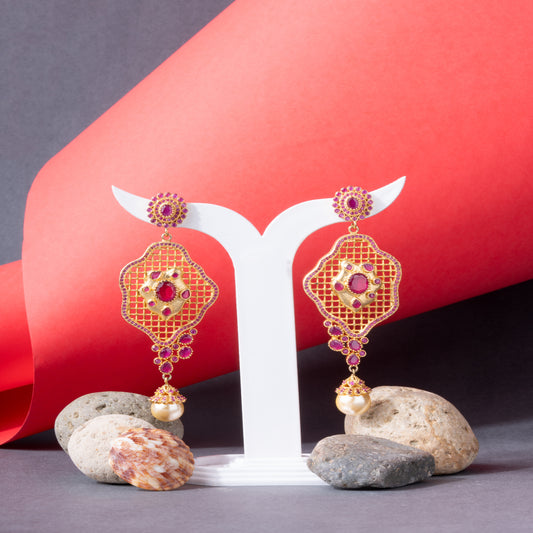 Royal Ruby Meshwork Earrings with Pearl Drop Description: